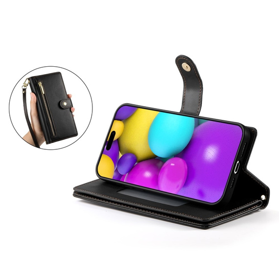Pattintható tok a iPhone 16, Wallet Zipper Pocket, fekete