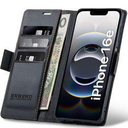 Tok Iphone 16E, ERBORD Glossy Litchi, pénztárca patenttal, fekete