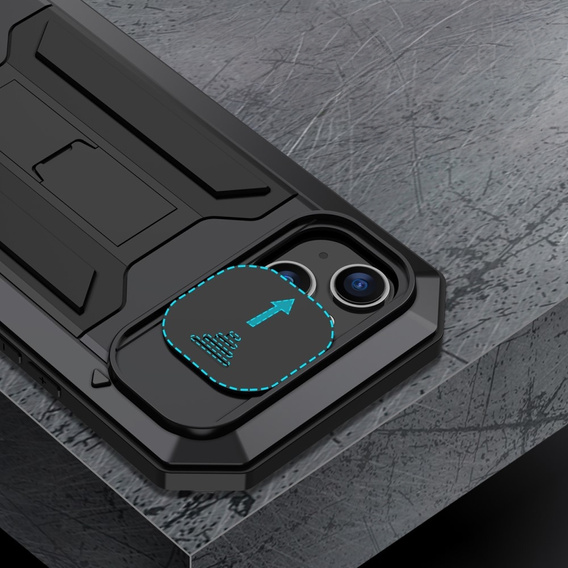 Tojás iPhone 15 Plus, R-JUST CamShield Slide, páncélozott, fekete
