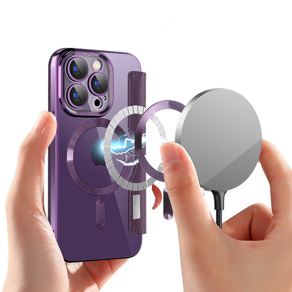 Pattintható tok a iPhone 15 Pro, RFID Wallet MagSafe CamShield, lila