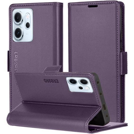 Tok Oppo Reno 14 F / 14 FS, ERBORD Glossy Litchi, pénztárca patenttal, lila