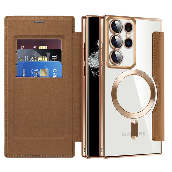 Pattintható tok a Samsung Galaxy S22 Ultra 5G, RFID Wallet MagSafe CamShield, barna