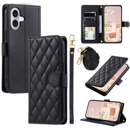 Flap tok iPhone 16 Plus, Rhombus Crossbody Leather, fekete