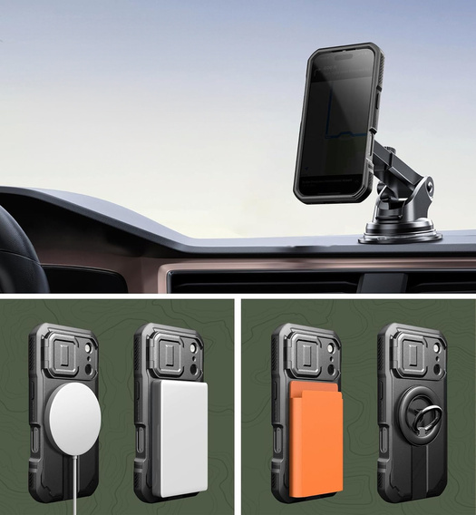 Dexnor páncélozott tok állvánnyal és fényképezőgép zárral, MagSafe iPhone 17 Pro készülékhez