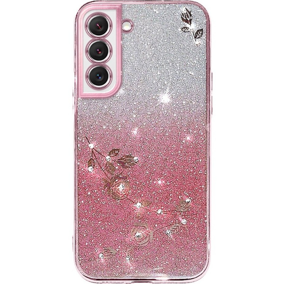 tok Samsung Galaxy S22, csillogó virág, rózsaszín rose gold