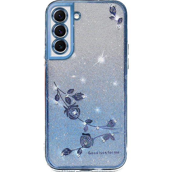 tok Samsung Galaxy S22, csillogó virág, kék