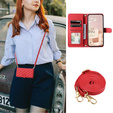 Flap tok iPhone 16 Plus, Rhombus Crossbody Leather, piros