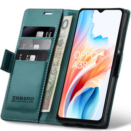Tok Oppo A18 4G / A38 4G, ERBORD Glossy Litchi, pénztárca patenttal, zöld
