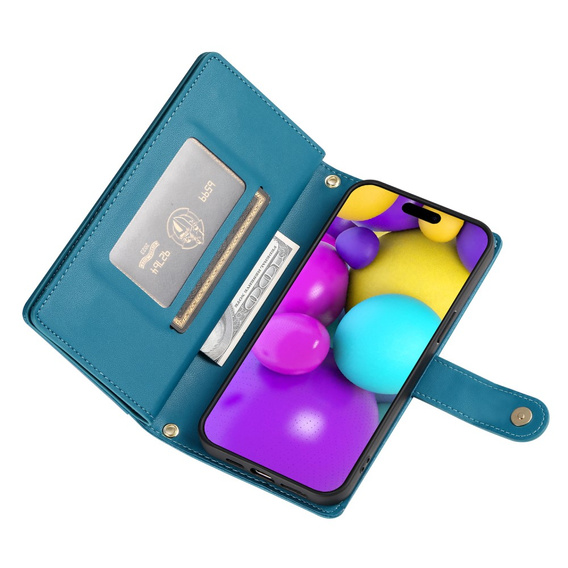 Pattintható tok a iPhone 16, Wallet Zipper Pocket, kék