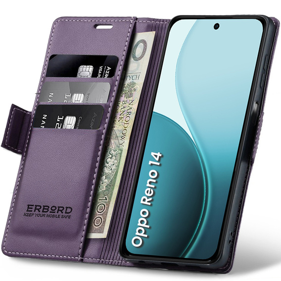 Tok Oppo Reno 14, ERBORD Glossy Litchi, pénztárca patenttal, lila