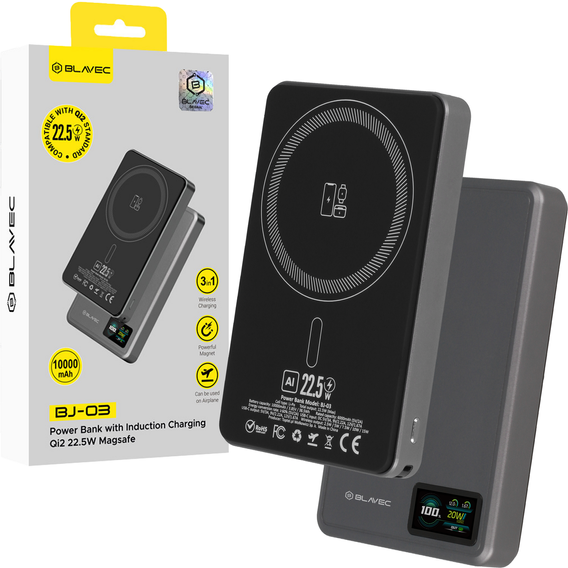 Blavec Power Bank 10000mAh BJ-03 Slim 13.5mm - C típus - 22.5W, MagSafe 3in1 - szürke