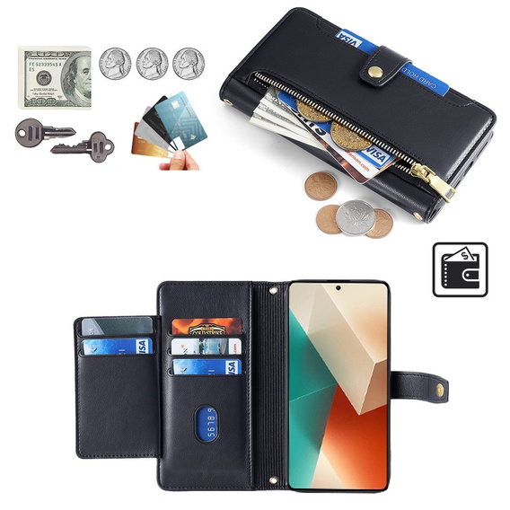 Pattintható tok a Xiaomi Redmi Note 13 5G, Wallet Zipper Pocket, fekete