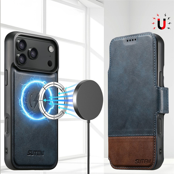 2 az 1-ben flip tok iPhone 17 Pro Max készülékhez, SUTENI, MagSafe-hoz, kék