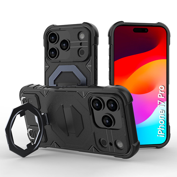 Tok iPhone 17 Pro készülékhez, MagSafe, páncélozott, állvánnyal, fekete