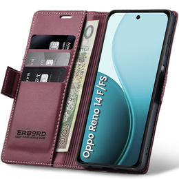 Tok Oppo Reno 14 F / 14 FS, ERBORD Glossy Litchi, pénztárca patenttal, piros