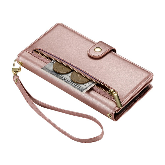 Pattintható tok a iPhone 16 Pro Max, Wallet Zipper Pocket, rózsaszín