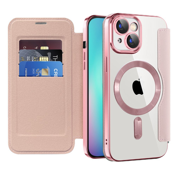 Pattintható tok a iPhone 15, RFID Wallet MagSafe CamShield, rózsaszín