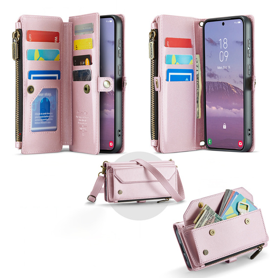 Tok CASEME Samsung Galaxy S25 FE, RFID Leather Wallet, vállpánttal, rózsaszín