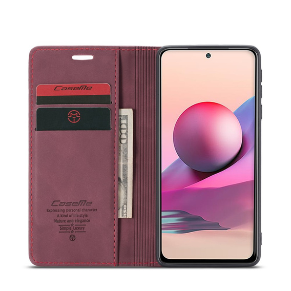 CASEME tok Xiaomi Redmi Note 10 / 10S, Leather Wallet Case, bordó