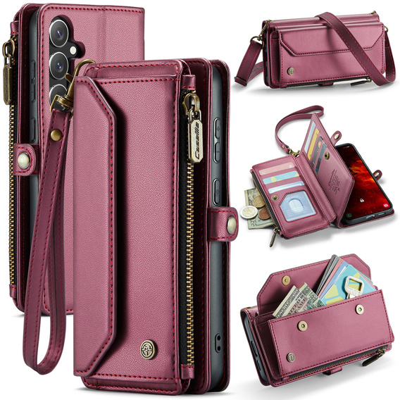 Tok CASEME Samsung Galaxy S25 FE, RFID Leather Wallet, vállpánttal, piros
