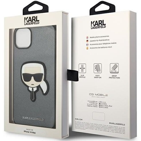 Karl Lagerfeld Telefontok a iPhone 14, Saffiano Karl's Head Patch, ezüst