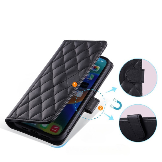 Flap tok Samsung Galaxy S24 FE, Rhombus Crossbody Leather, fekete