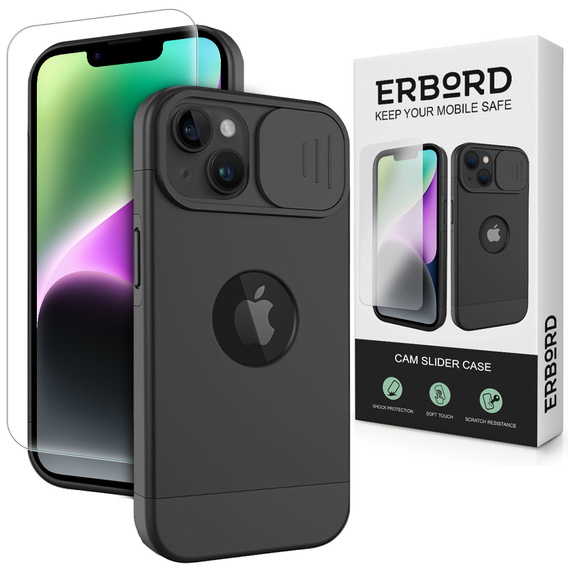 ERBORD MagSafe Cam Slider tok, fekete + képernyővédő üveg iPhone 13 / iPhone 14 készülékekhez