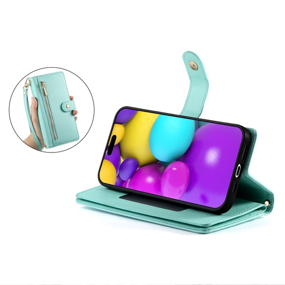 Pattintható tok a iPhone 16, Wallet Zipper Pocket, zöld