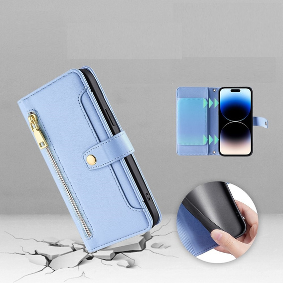 Pattintható tok a iPhone 14 Pro, Wallet Zipper Pocket, kék