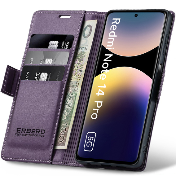 Tok Xiaomi Redmi Note 14 Pro+ 5G / Xiaomi Poco X7 5G / Xiaomi Redmi Note 14 Pro 5G, ERBORD Glossy Litchi, pénztárca patenttal, lila