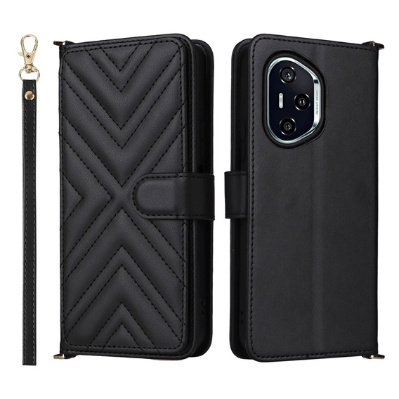 Tok patenttal a Honor 400 5G-hez, Crossbody Leather Wallet, fekete
