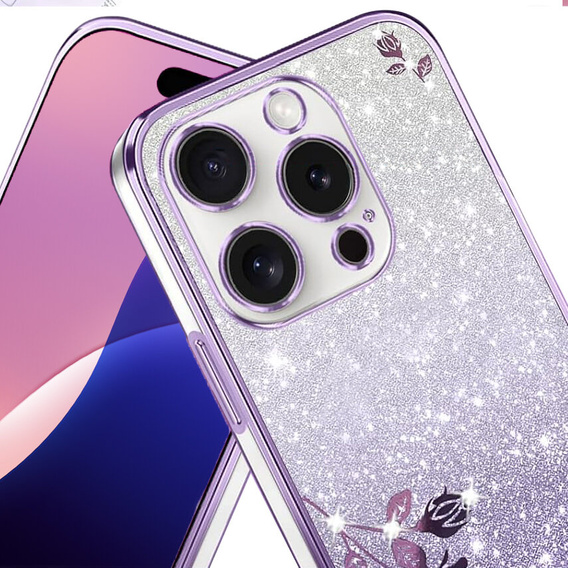 Tok iPhone 16 Pro Max, Glitter Flower, lila