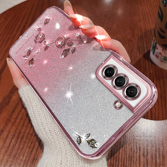 tok Samsung Galaxy S21 FE, csillogó virág, rózsaszín rose gold
