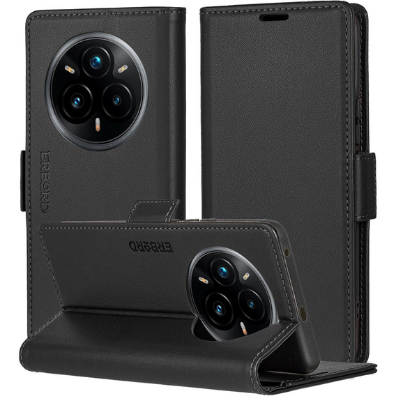 Tok Realme 14 Pro+ 5G, ERBORD Glossy Litchi, pénztárca patenttal, fekete