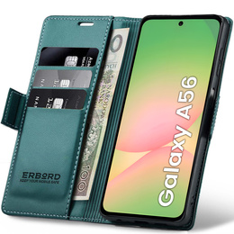 Tok Samsung Galaxy A56, ERBORD Glossy Litchi, pénztárca patenttal, zöld