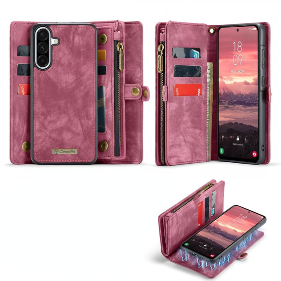 CASEME tok Samsung Galaxy A56 5G, Retro Leather Wallet, szíjjal, piros