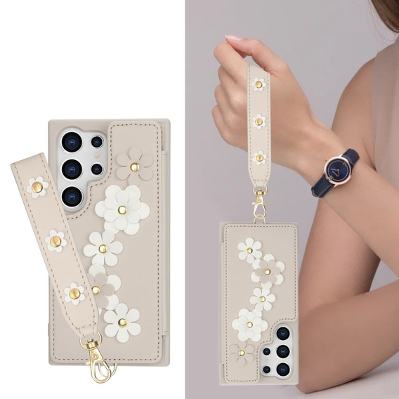 Tok Samsung Galaxy S24 Ultra, Leather Flower Card Slot, bézs színű