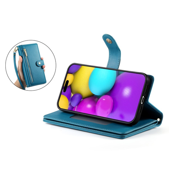 Pattintható tok a iPhone 16, Wallet Zipper Pocket, kék