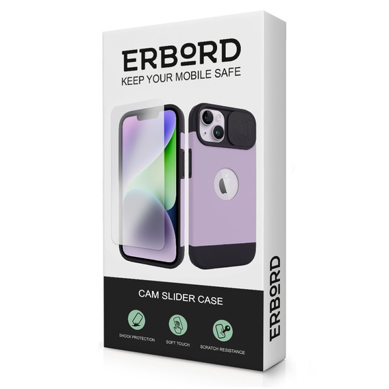 ERBORD MagSafe Cam Slider tok, lila + képernyővédő üveg iPhone 13 / iPhone 14 készülékekhez