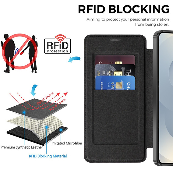 RFID pénztárca MagSafe flip tok kameravédelemmel Samsung Galaxy S26 Plus készülékhez, fekete