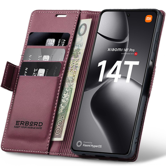 Tok Xiaomi 14T Pro, ERBORD Glossy Litchi, pénztárca patenttal, piros