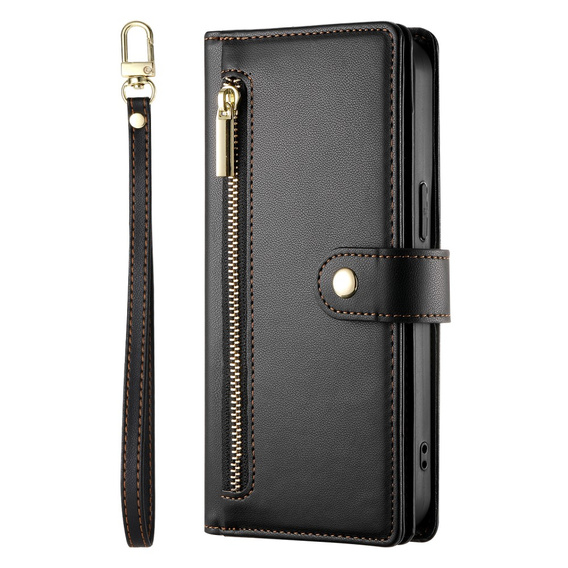 Pattintható tok a Samsung Galaxy S25, Wallet Zipper Pocket, fekete