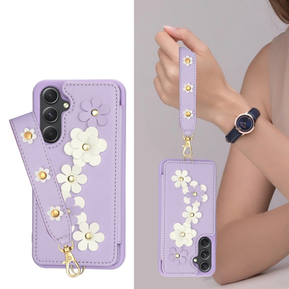 Tok Samsung Galaxy S23 FE, Leather Flower Card Slot, lila