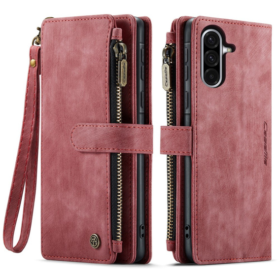 CASEME tok Samsung Galaxy A56 5G, Leather Wallet Cash and Card Slots, pánttal, piros