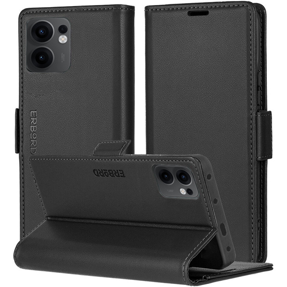 Tok Oppo Reno 13F / Oppo Reno 13FS, ERBORD Glossy Litchi, pénztárca patenttal, fekete