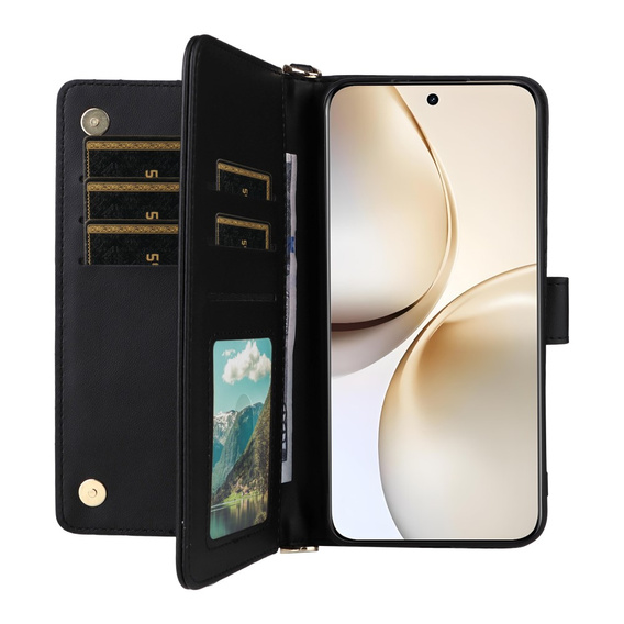 Tok patenttal a Realme 14 Pro+ 5G-hez, Crossbody Leather Wallet, fekete színű