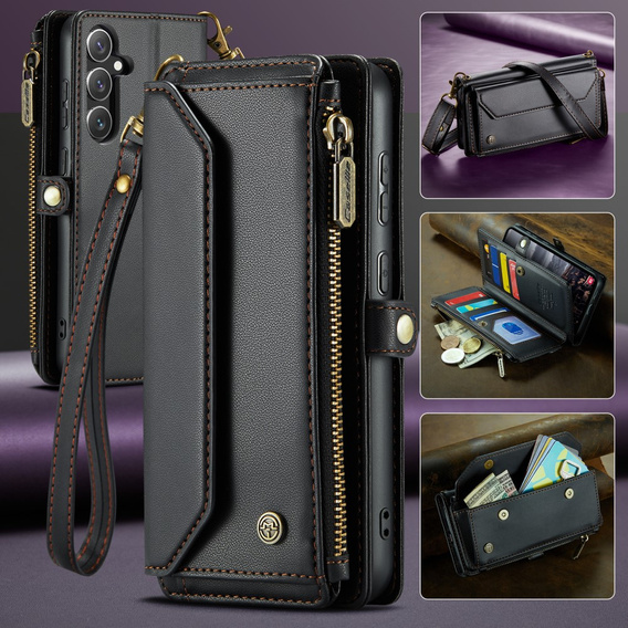 Tok CASEME Samsung Galaxy S24 FE, RFID Leather Wallet, vállpánttal, fekete
