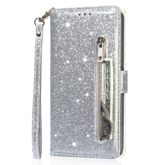 Pattintható tok a Samsung Galaxy A35 5G, Wallet Zipper Pocket Glittery, ezüst