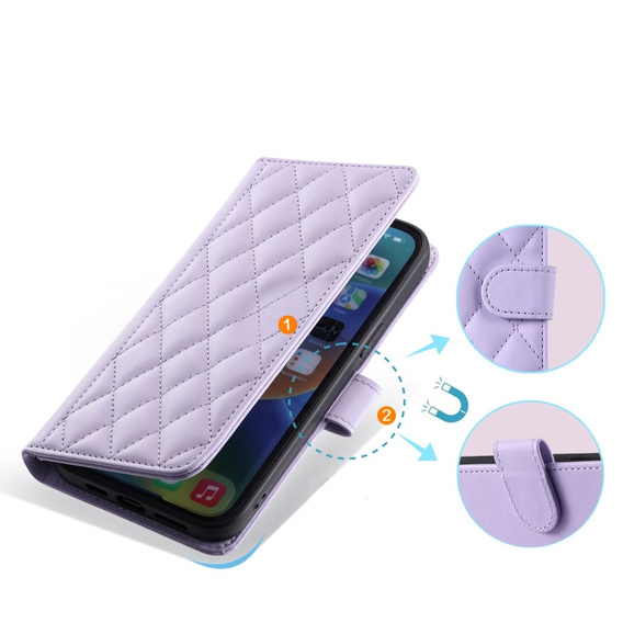 Flap tok iPhone 16, Rhombus Crossbody Leather, lila