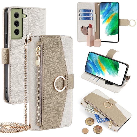 Flip tok Samsung Galaxy S21 FE, Wallet Zipper Pocket, tükörrel, fehér